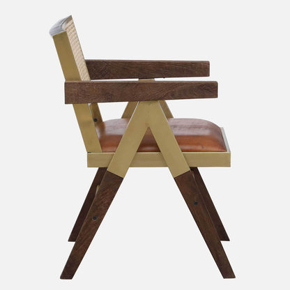 Solid Wood and Metallic Arm Chair with Rattan Back and Leather Seat - side view