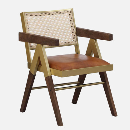 Solid Wood and Metallic Arm Chair with Rattan Back and Leather Seat