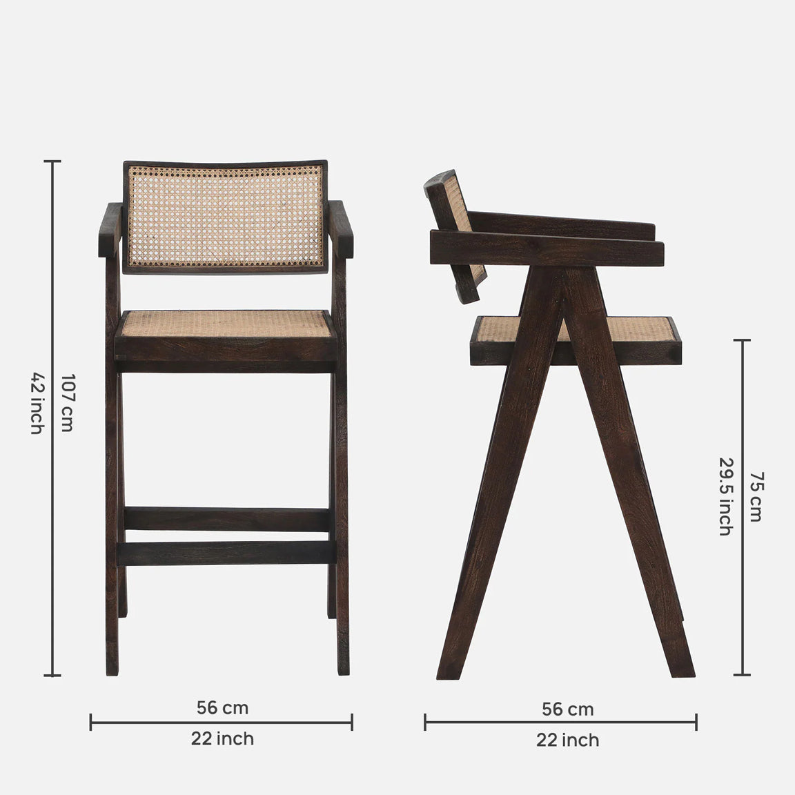 Rebecca Cane & Wood Bar Chair - Solid Wood Bar Chair In Sandblasted Danish Walnut Finish And Cane Seat Dimensions