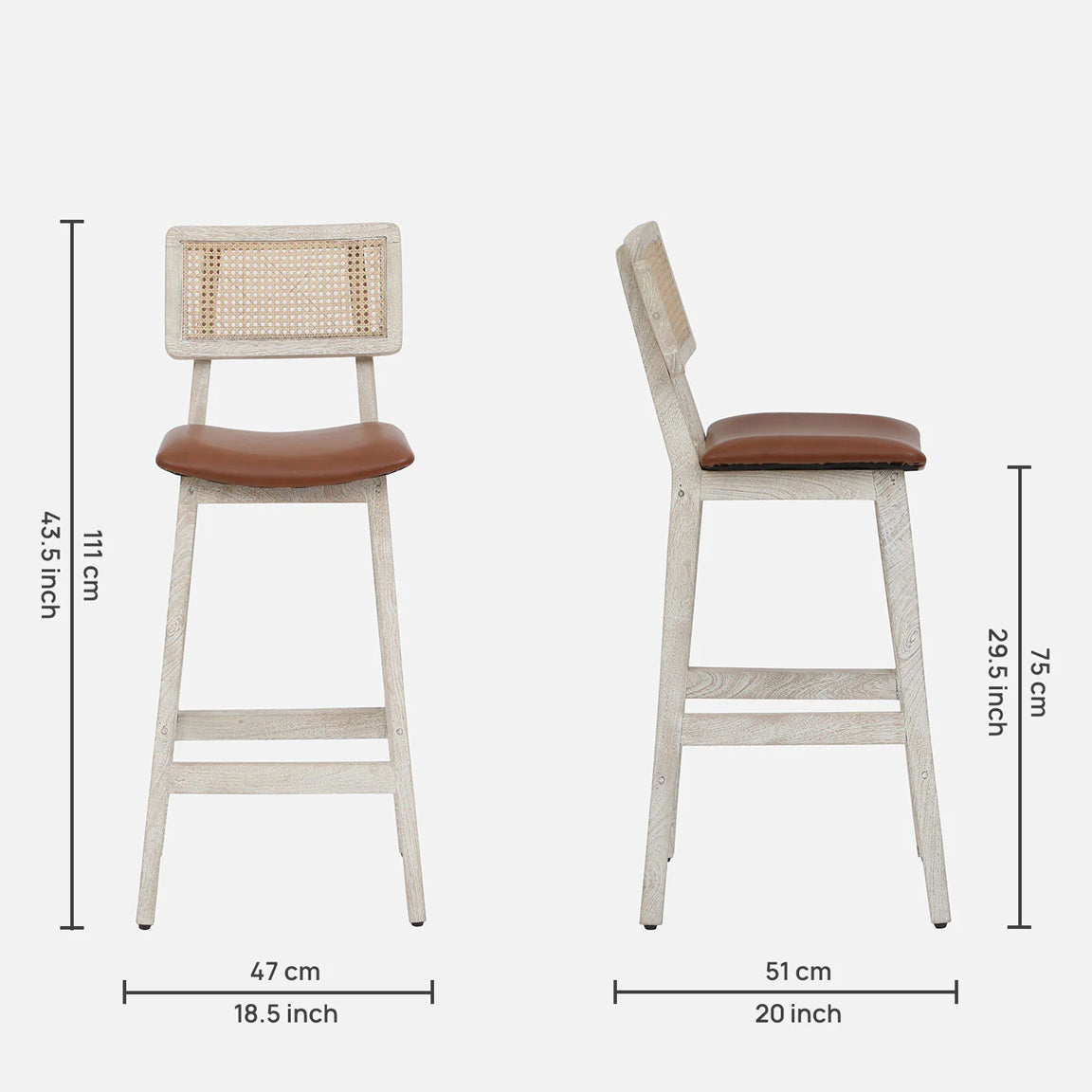 Megan Wooden Bar Chair - Solid Wood Bar Chair With Whitewash Finish And Cane Backrest Dimensions