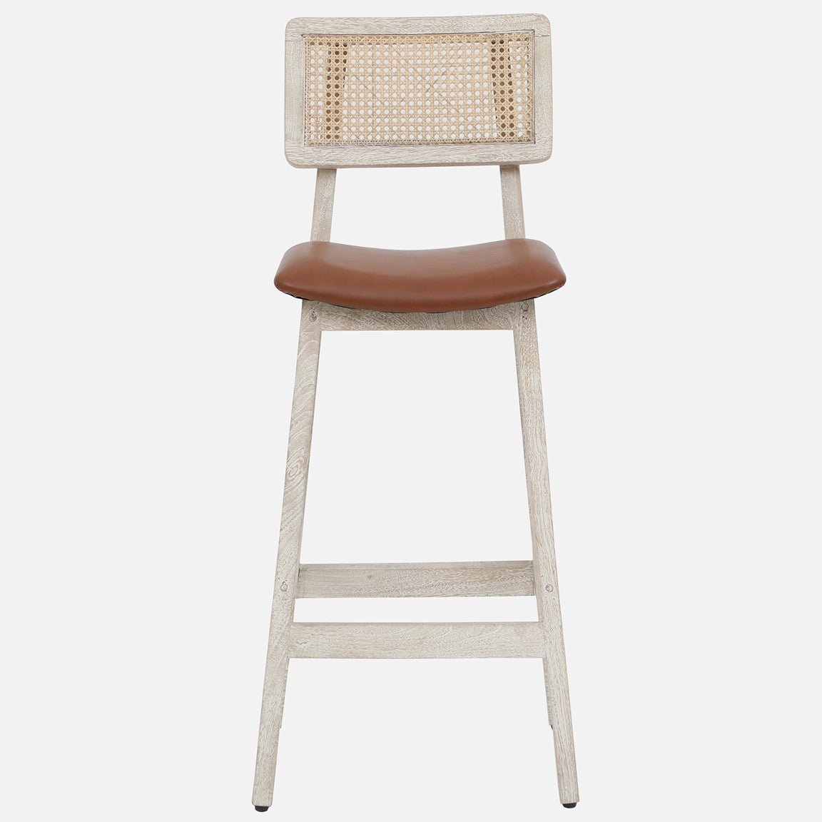 Megan Wooden Bar Chair - Solid Wood Bar Chair With Whitewash Finish And Cane Backrest F View