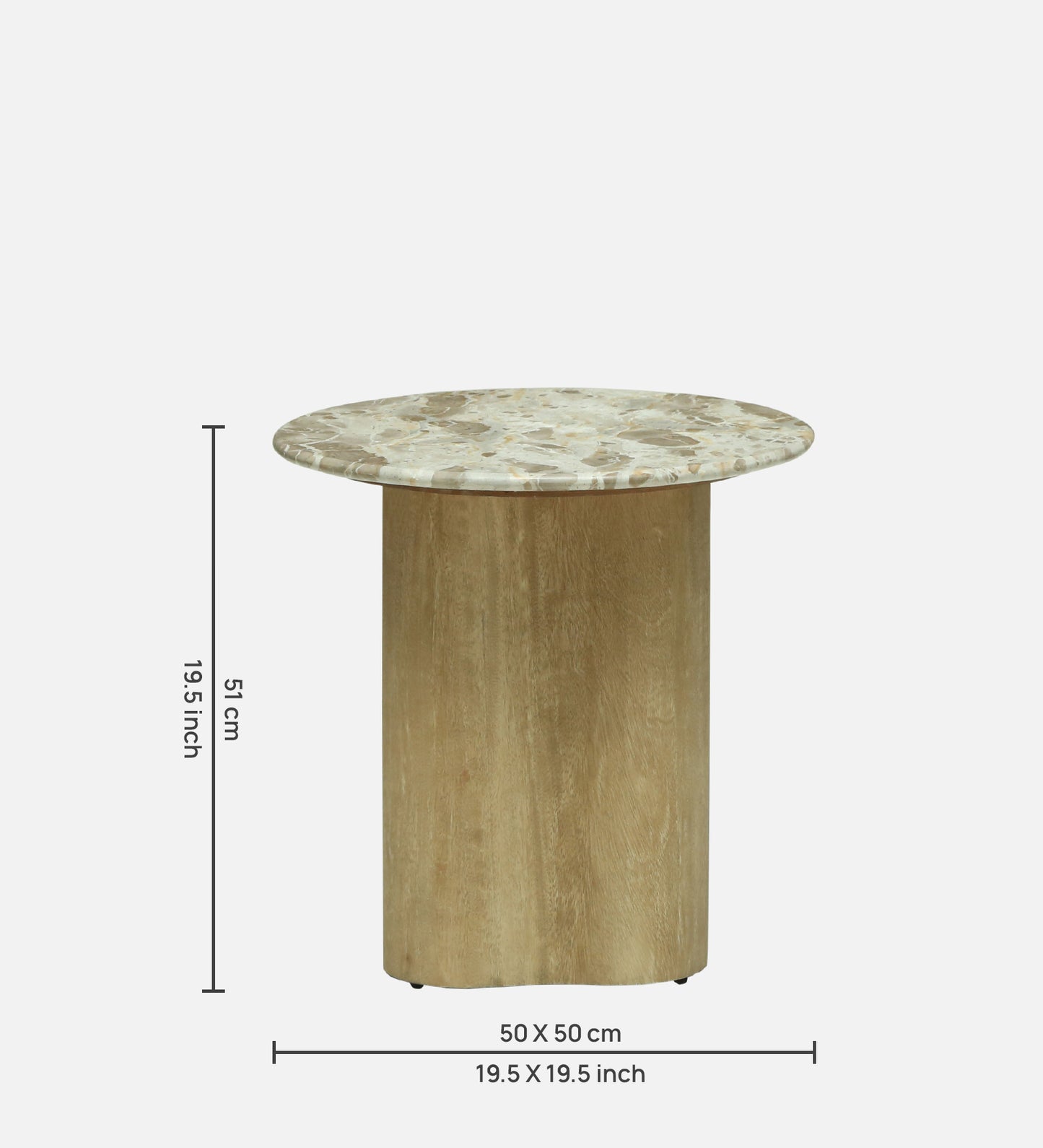 Round Beige Marble Side Table with Scalloped Mango Wood Pedestal Base - alternate view 3