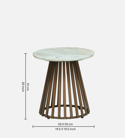 Round White Marble Side Table with Slatted Dark Wood Pedestal Base - alternate view 5