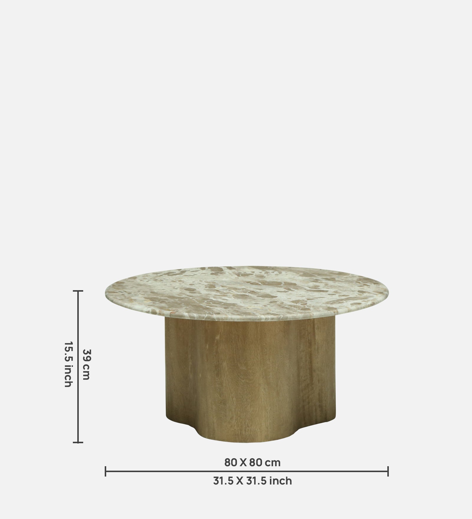 Round Beige Marble Coffee Table with Scalloped Mango Wood Pedestal Base - dimensions