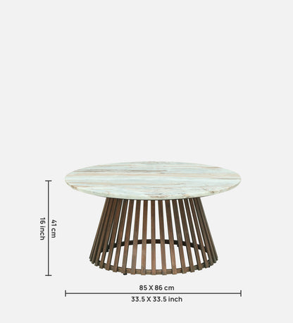 Round White Marble Coffee Table with Slatted Dark Wood Pedestal Base - dimensions