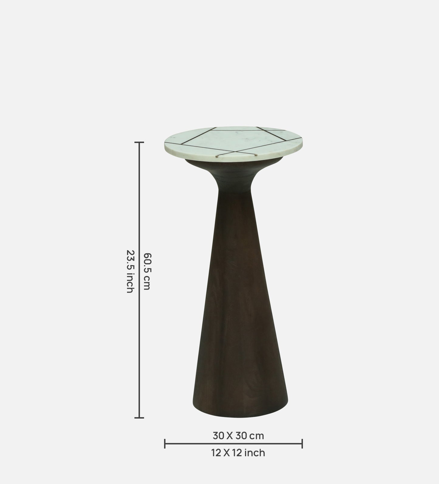 Side Table with White Marble Top, Brass Inlay, and Dark Wood Cone Pedestal Base - dimensions