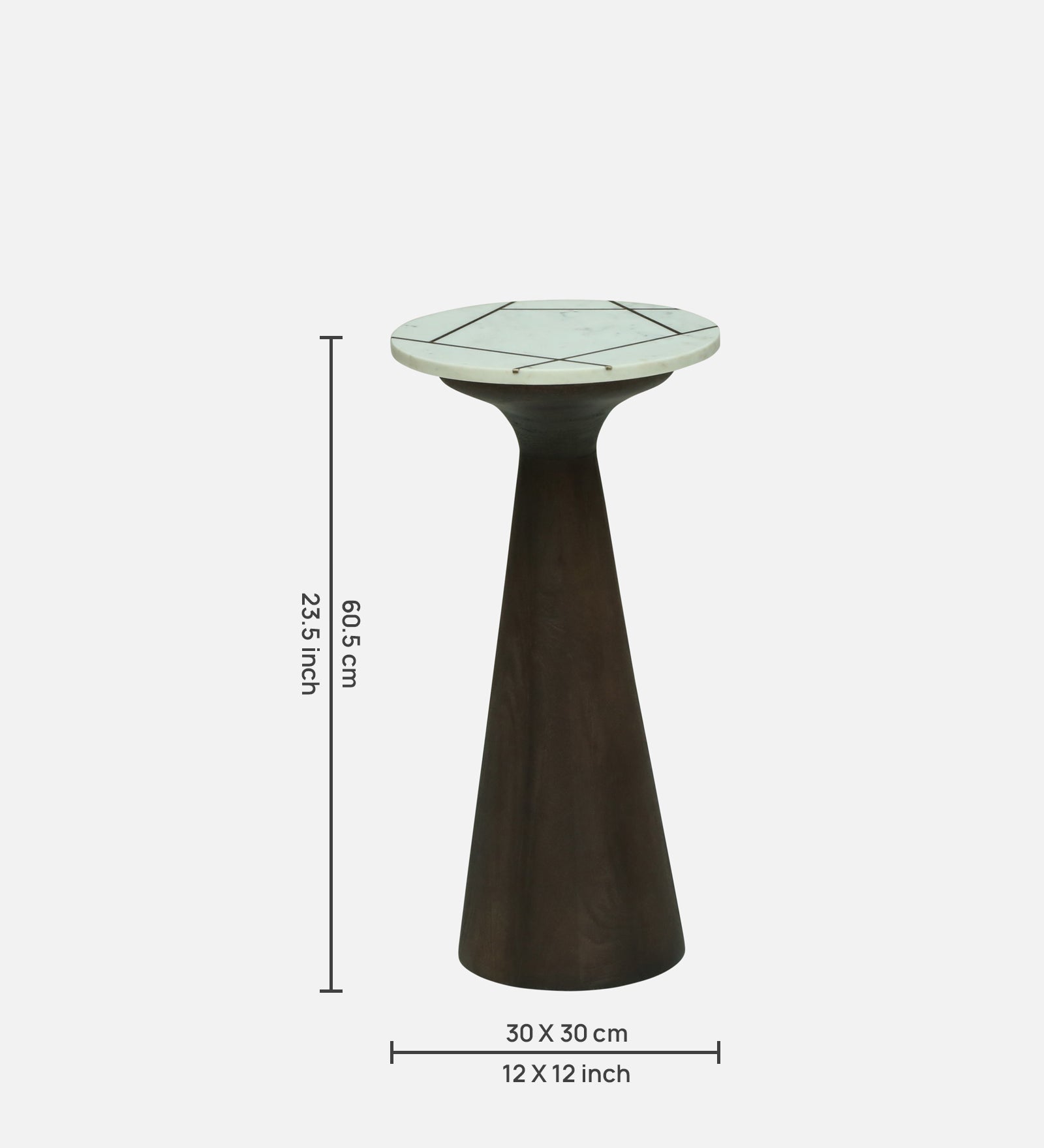 Side Table with White Marble Top, Brass Inlay, and Dark Wood Cone Pedestal Base - dimensions