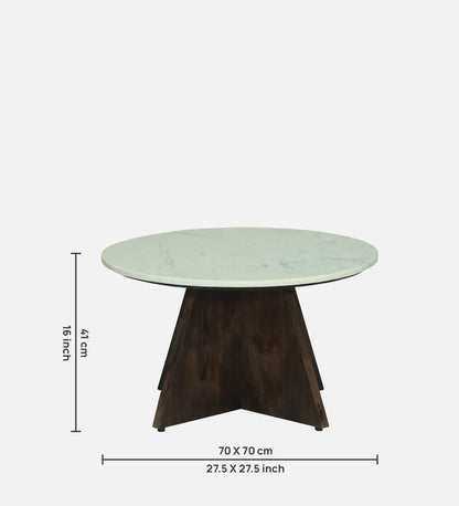 Round White Marble Coffee Table with Sculptural Dark Wood Pedestal Base - dimensions