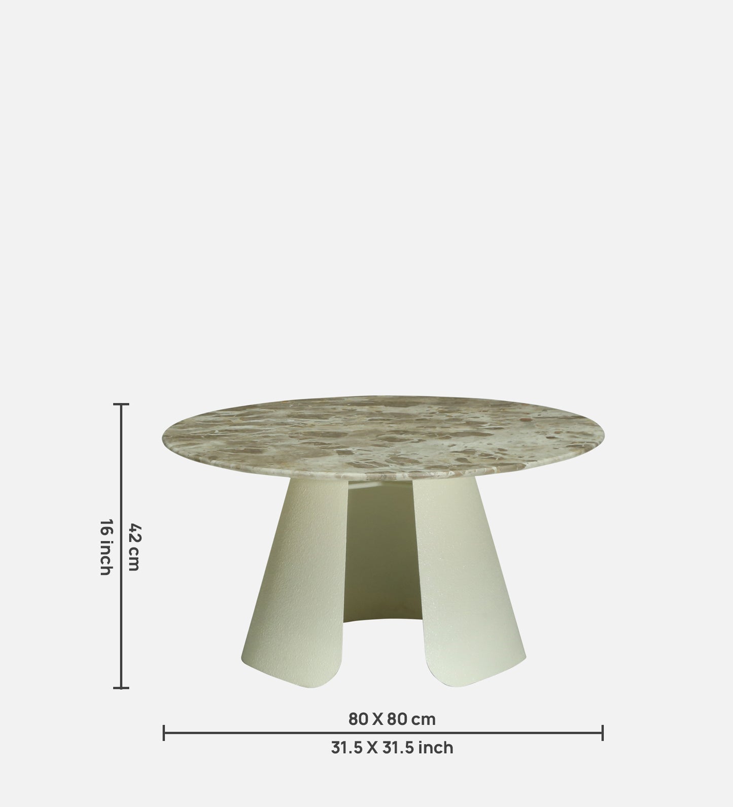 Round Beige Marble Coffee Table with Textured Ivory Pedestal Base - dimensions
