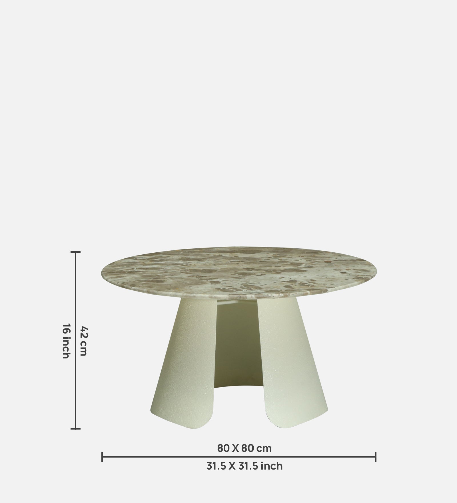 Round Beige Marble Coffee Table with Textured Ivory Pedestal Base - dimensions